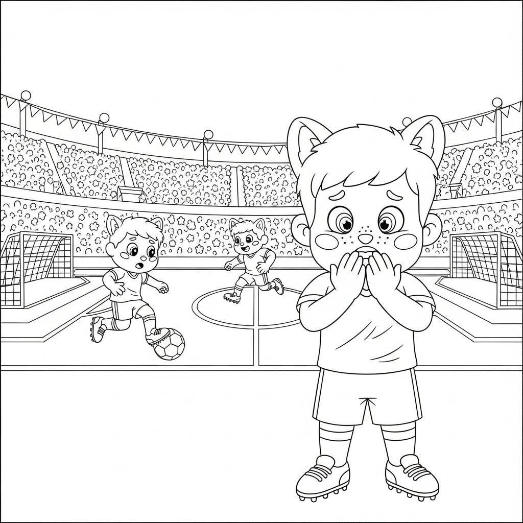Desenho de jogador de futebol para colorir assistindo nervoso com mãos no rosto e bandeirinhas.