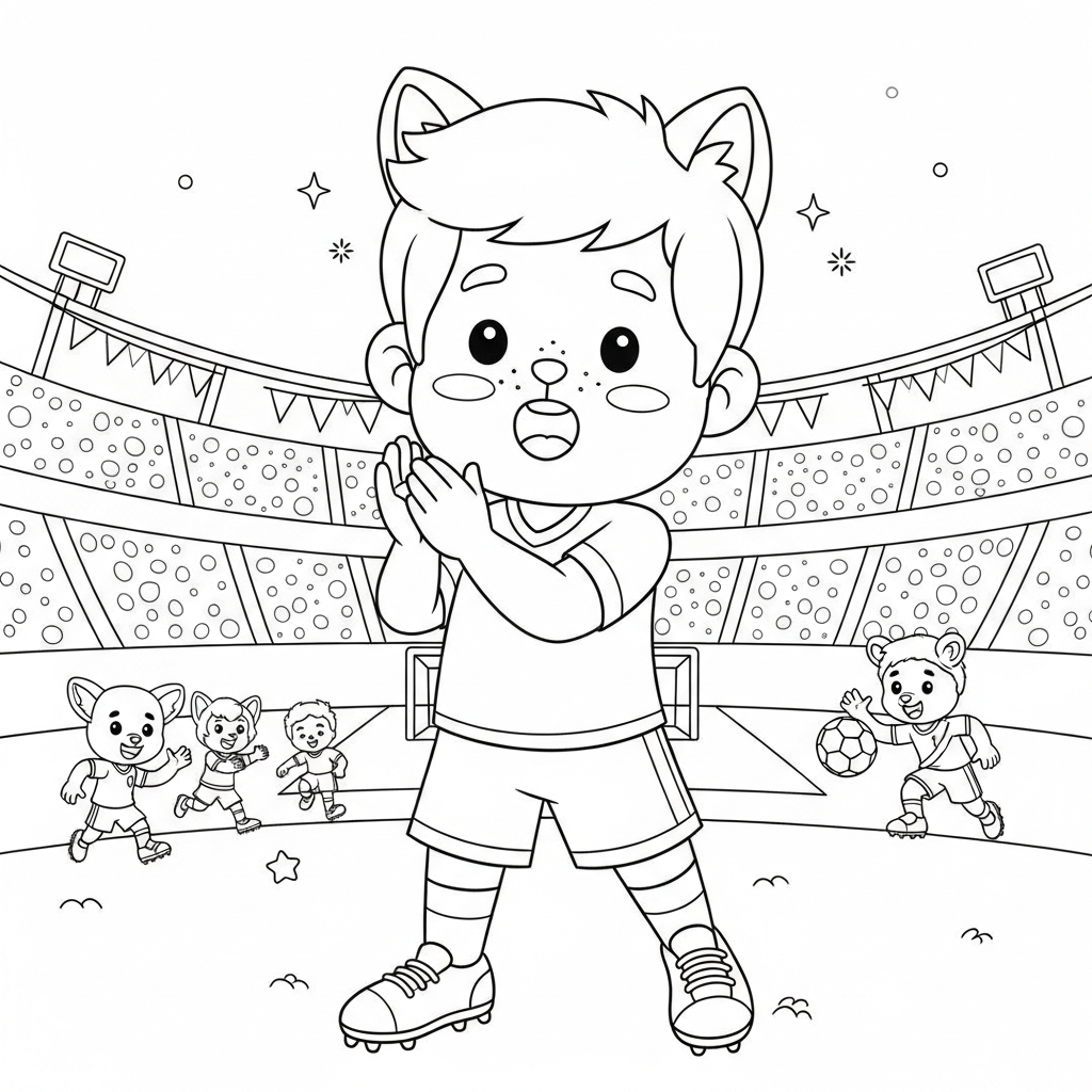 Desenho de jogador de futebol para colorir batendo palmas ritmadas com bandeirinhas flutuando