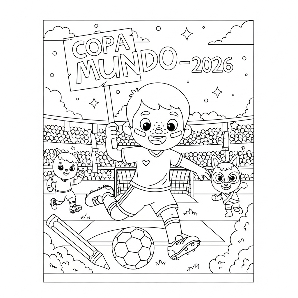 Desenho de jogador de futebol para colorir segurando cartolina com mensagem e bandeirinhas flutuando