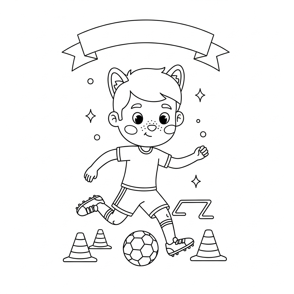 Desenho de jogador de futebol para colorir correndo em zigue-zague entre cones com estrelinhas e corações