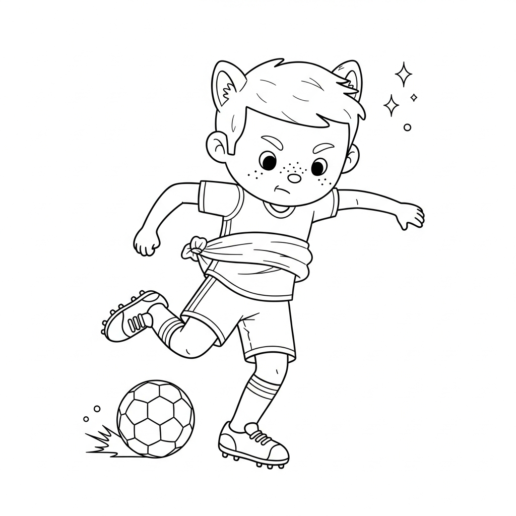 Desenho de jogador de futebol para colorir agarrado pela camisa com bolas e estrelas decorativas