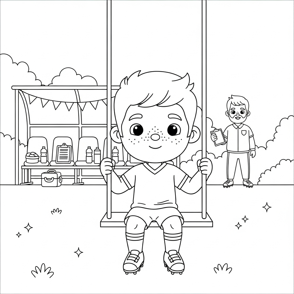 Desenho de jogador de futebol para colorir sentado em balanço no banco de reservas com telhado