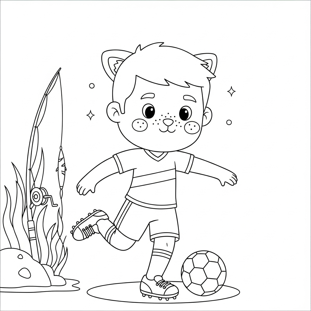 Desenho de jogador de futebol para colorir pescando com vara no campo com gols ao fundo