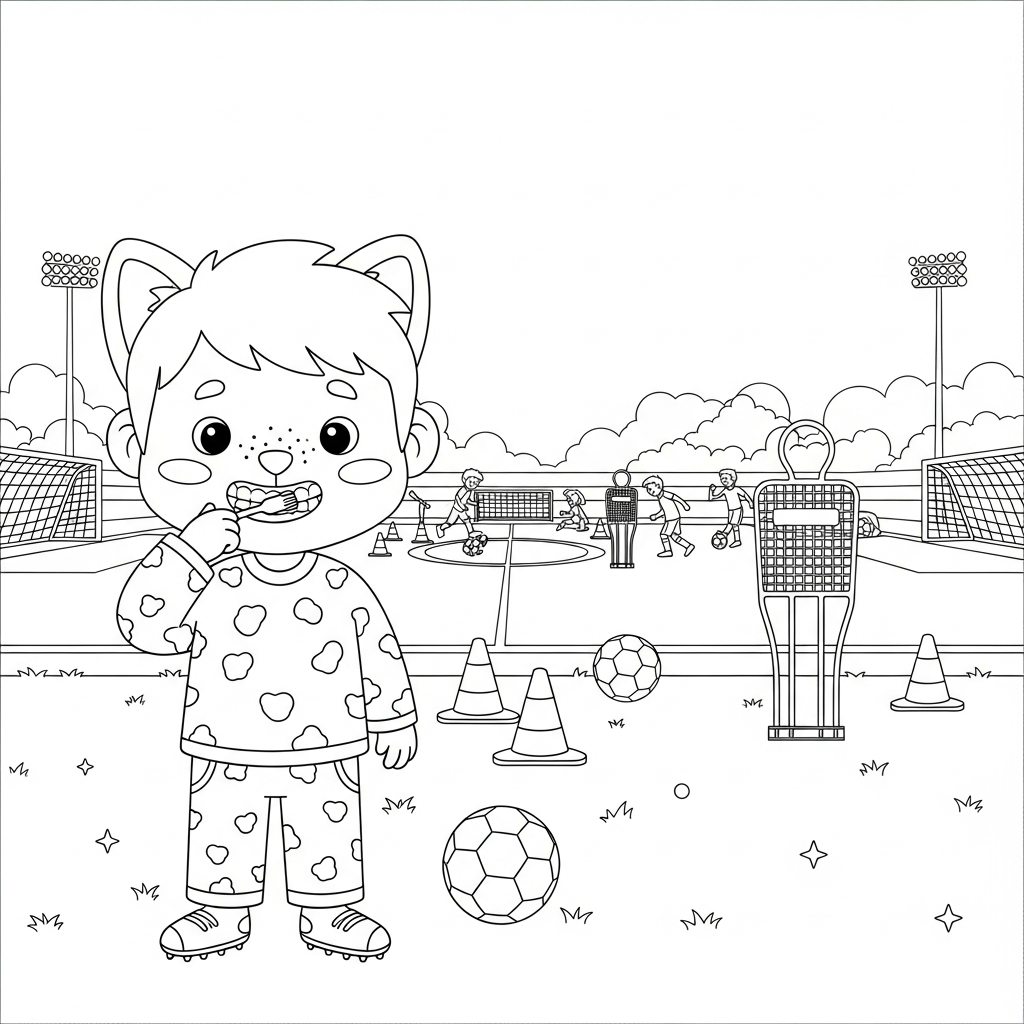 Desenho de jogador de futebol para colorir de pijama escovando os dentes no campo vazio.