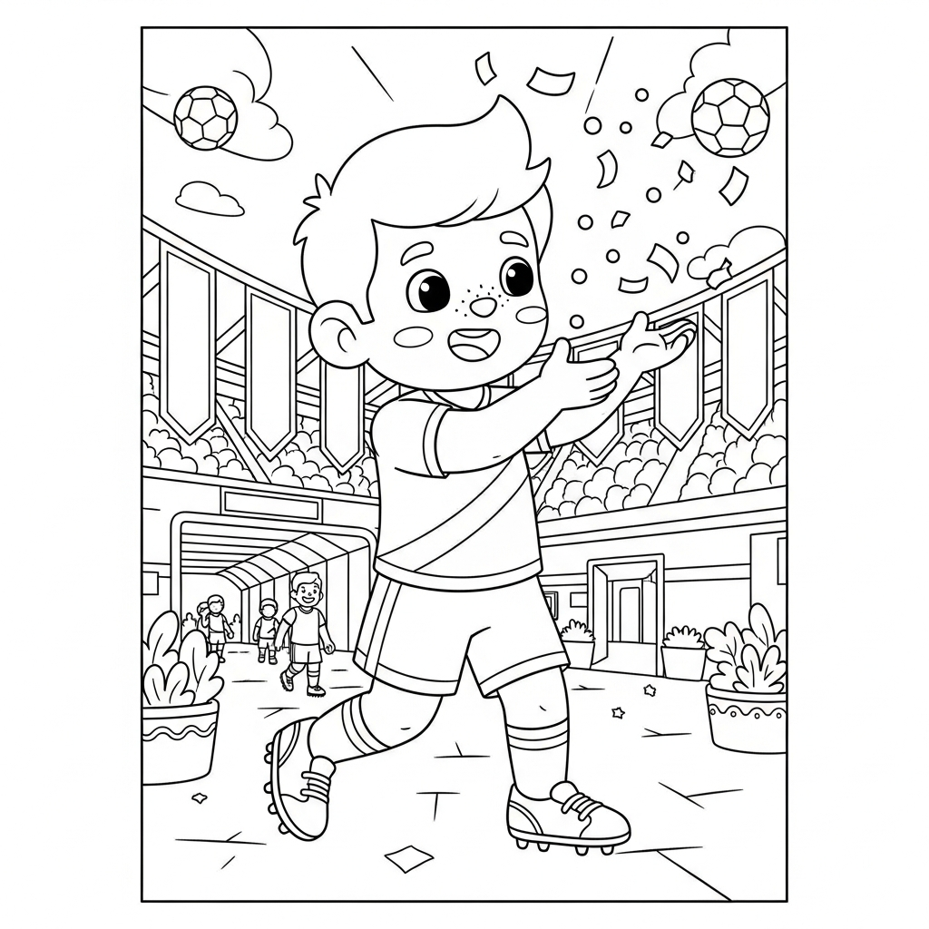 Desenho de jogador de futebol para colorir alegre soltando confete no túnel de entrada