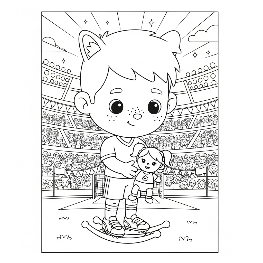 Desenho de jogador de futebol para colorir embalando boneca em estádio lotado visto da arquibancada