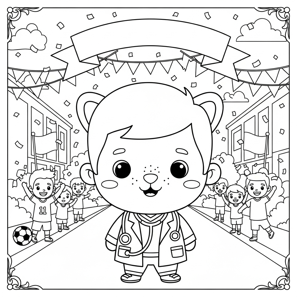Desenho de jogador de futebol para colorir vestido de médico em avenida com torcida.