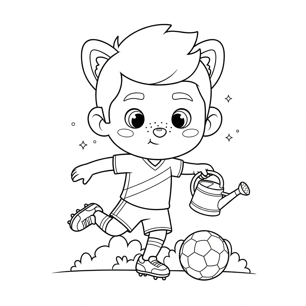 Desenho de jogador de futebol para colorir vestido de jardineiro com regador no playground.