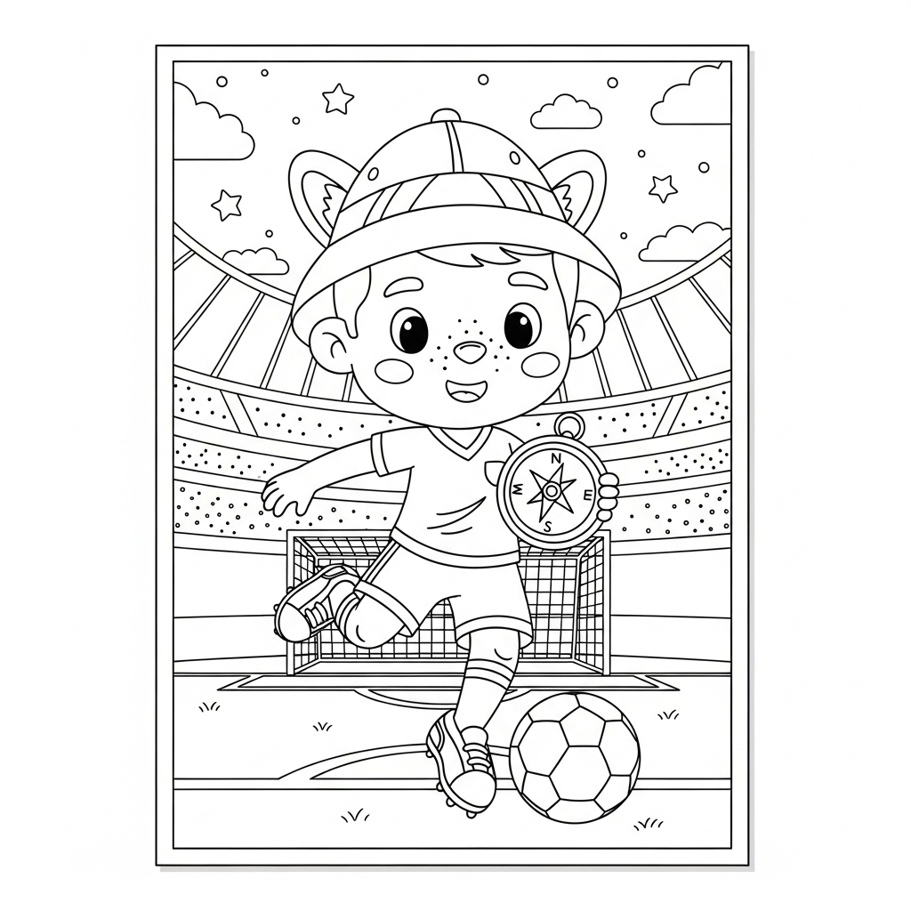 Desenho de jogador de futebol para colorir vestido de explorador com bússola na pequena área.