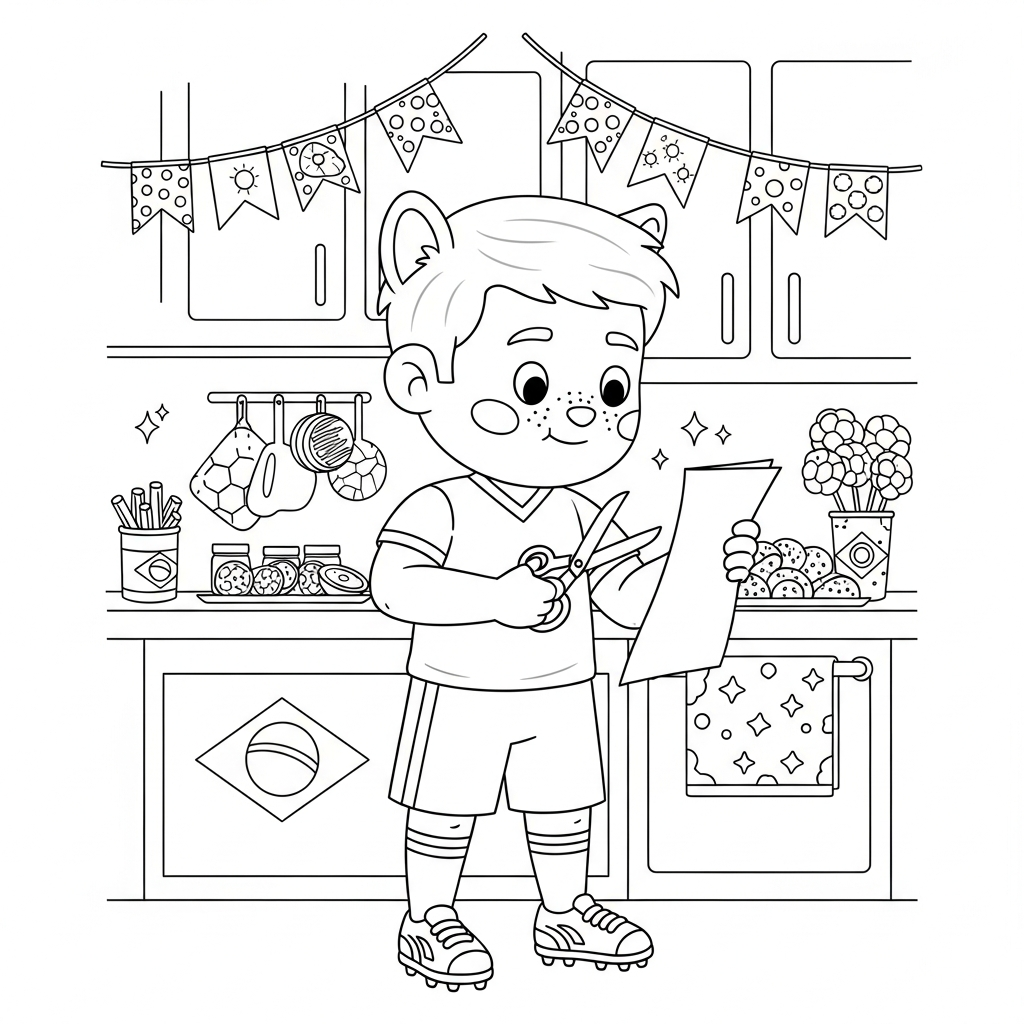 Desenho de jogador de futebol para colorir recortando papel com tesoura na cozinha da Copa.