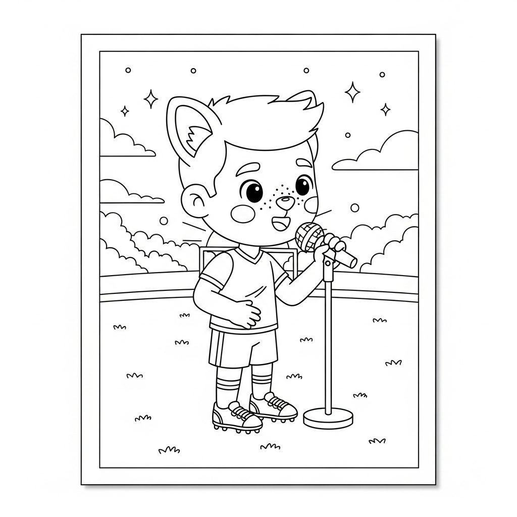 Desenho de jogador de futebol para colorir cantando em microfone no palco ao amanhecer.