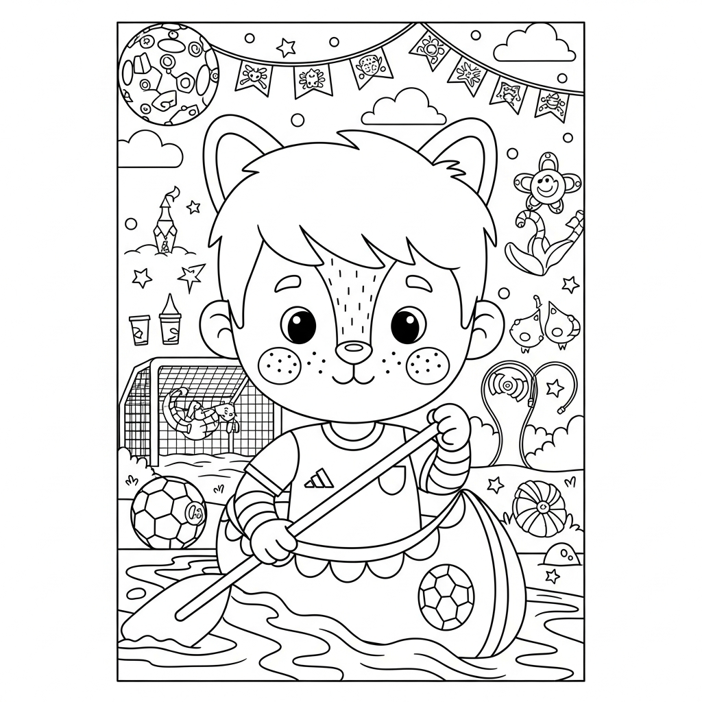 Desenho de jogador de futebol para colorir remando em canoa entre peixes e corais
