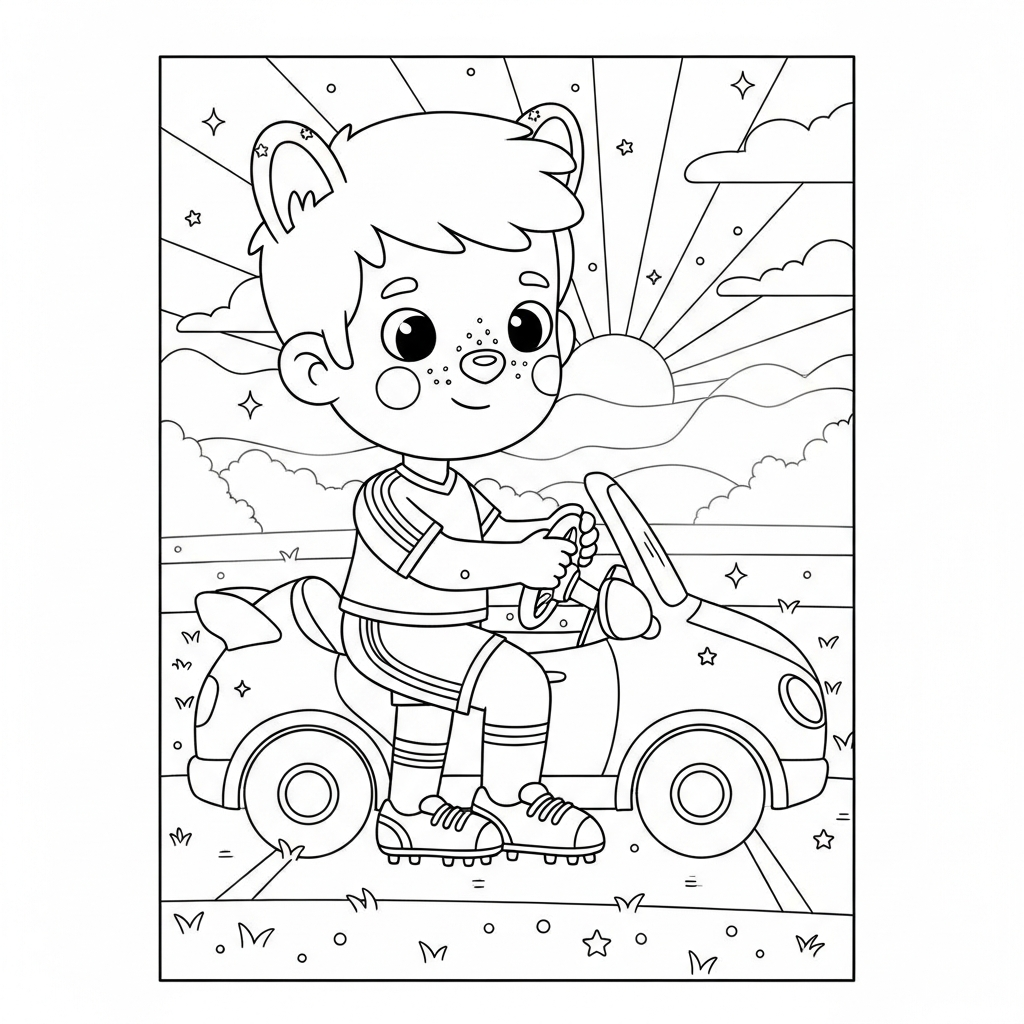Desenho de jogador de futebol para colorir dirigindo carro ao amanhecer no campo vazio