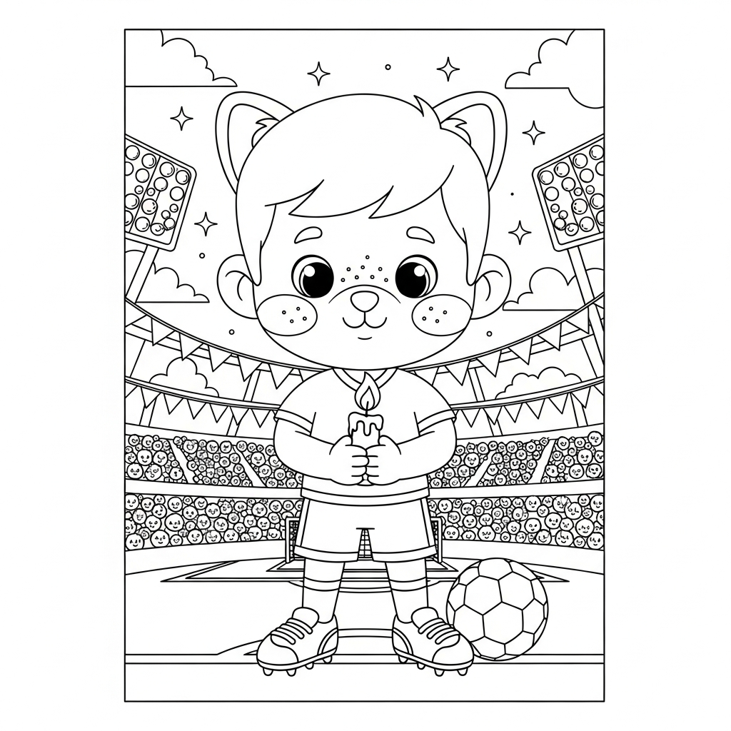 Desenho de jogador de futebol para colorir segurando vela acesa em estádio lotado