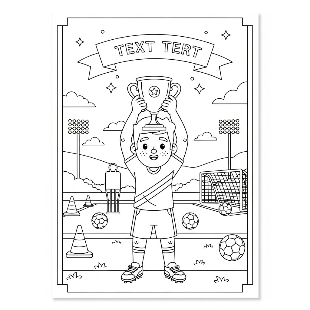 Desenho de jogador de futebol para colorir segurando troféu acima da cabeça em campo gramado vazio.