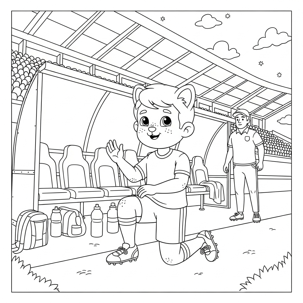 Desenho de jogador de futebol para colorir ajoelhado pedindo algo no banco de reservas com telhado