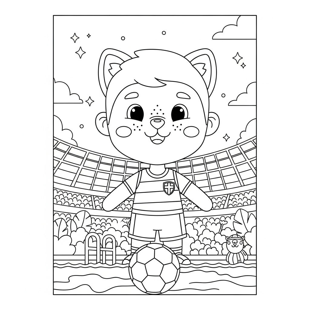 Desenho de jogador de futebol para colorir em maiô treinando à beira da piscina no gramado vazio.