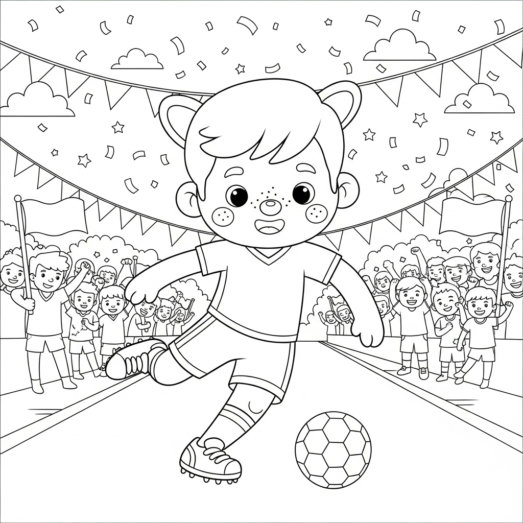 Desenho de jogador de futebol para colorir, monstrinho fofo sorridente em avenida com torcida.