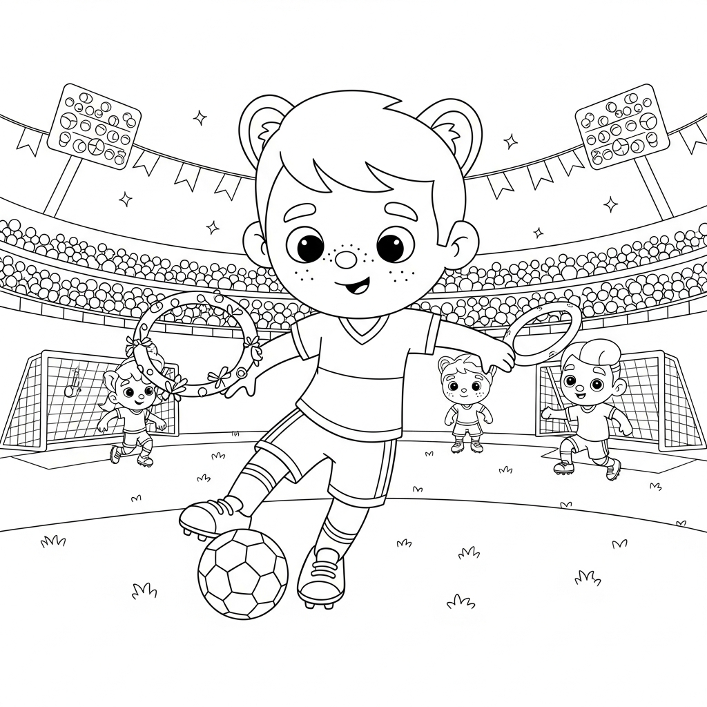 Desenho de jogador de futebol para colorir brincando de roda na área pequena do gol.