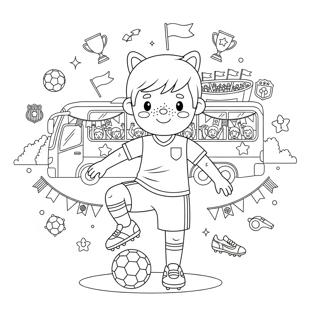 Desenho de jogador de futebol para colorir pedalando sobre a bola diante de ônibus de torcida com bandeirinhas.
