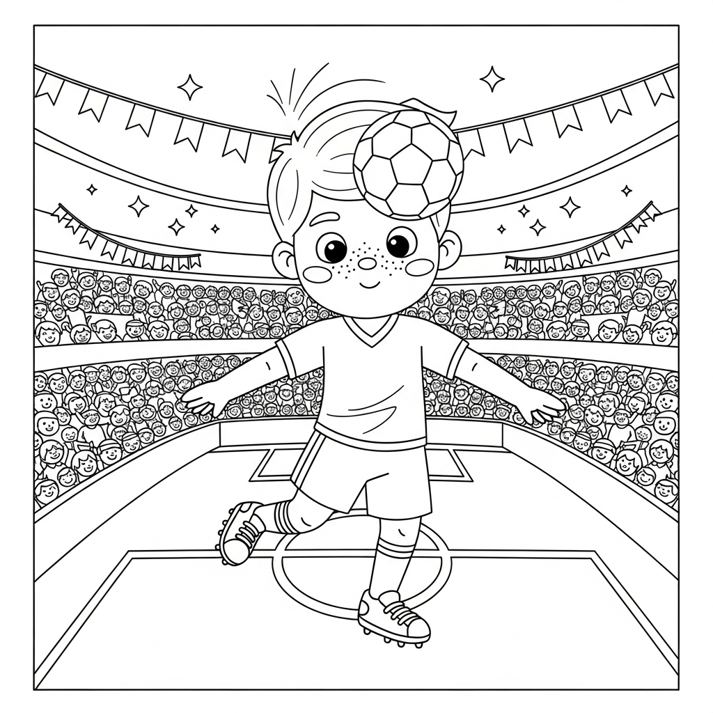 Desenho de jogador de futebol para colorir cabeceando em pé no estádio lotado.