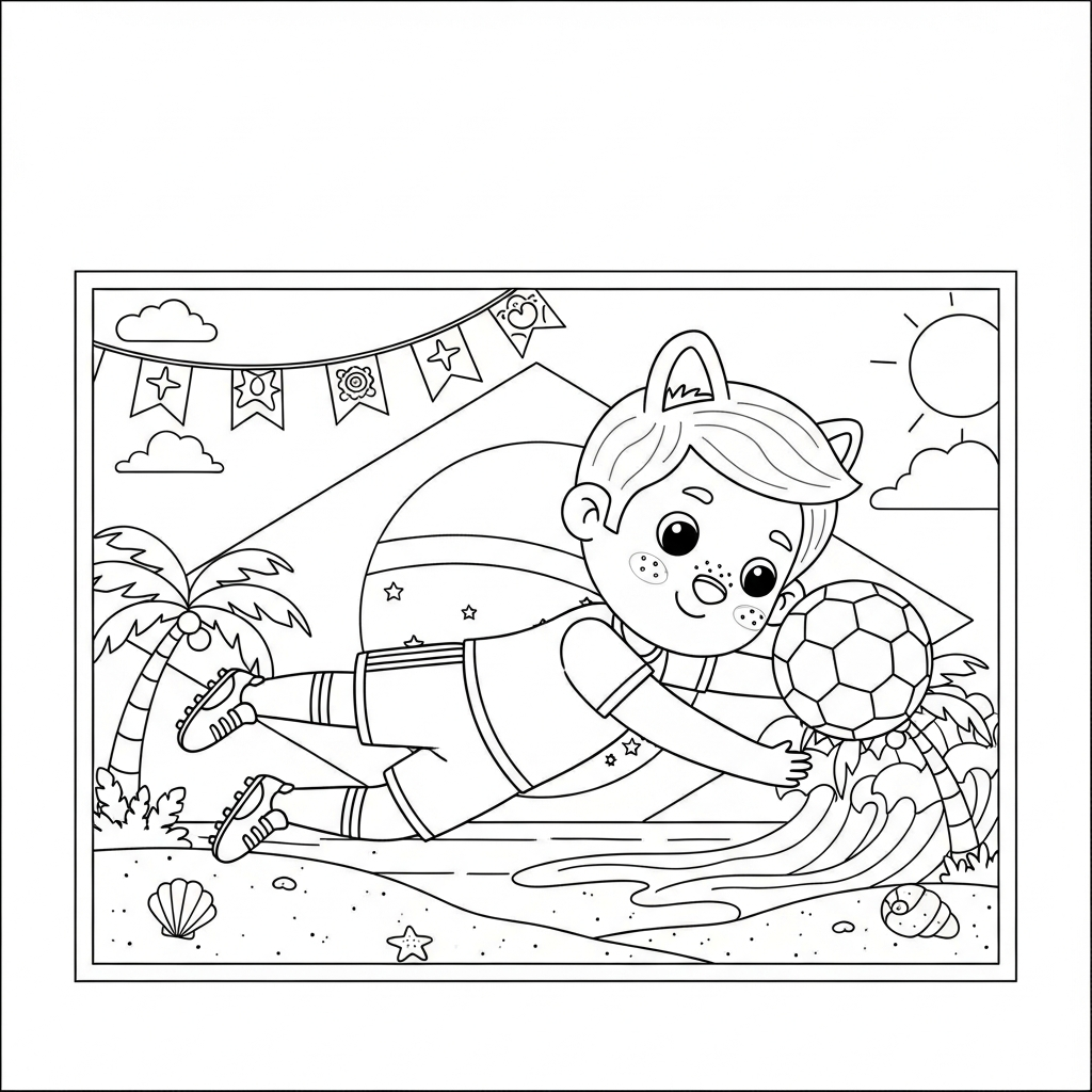 Desenho de jogador de futebol para colorir cabeceando em mergulho na praia com palmeiras