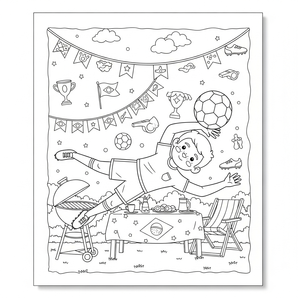 Desenho de jogador de futebol para colorir cabeceando em mergulho no churrasco brasileiro decorado
