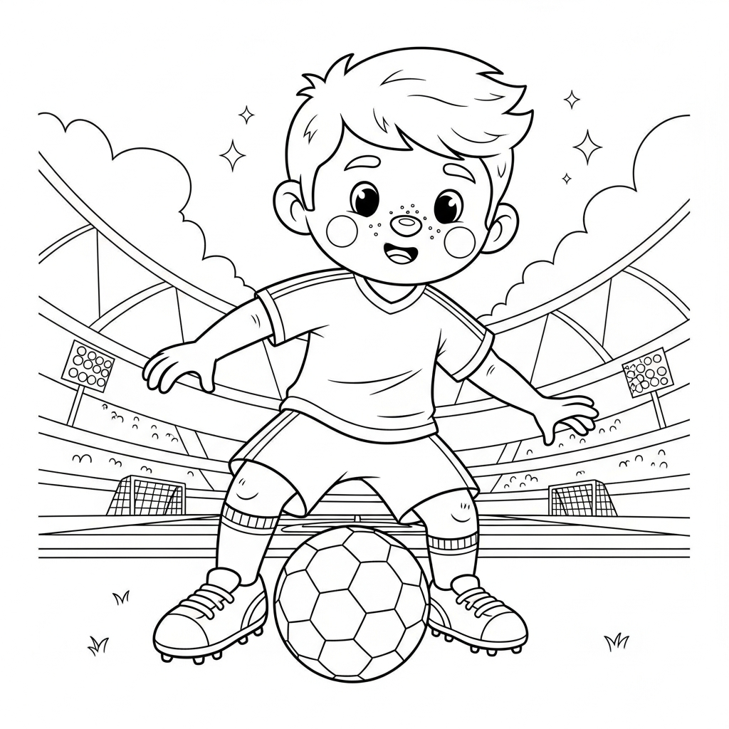 Desenho de jogador de futebol para colorir protegendo a bola no campo com gols ao fundo