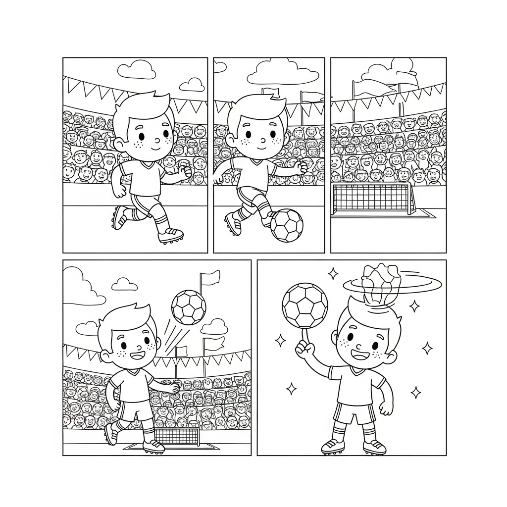 Desenho de jogador de futebol para colorir girando bola no dedo em estádio lotado