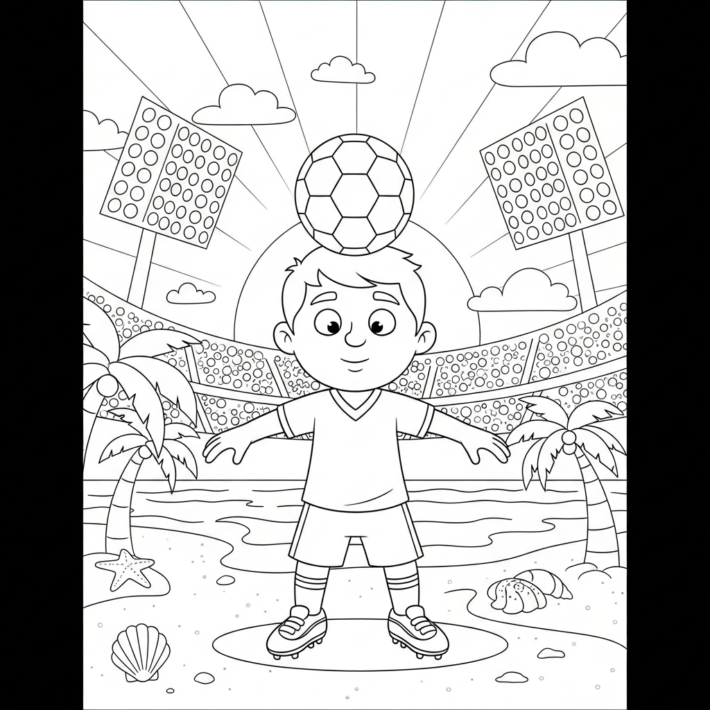 Desenho de jogador de futebol para colorir equilibrando bola na cabeça na praia com palmeiras.