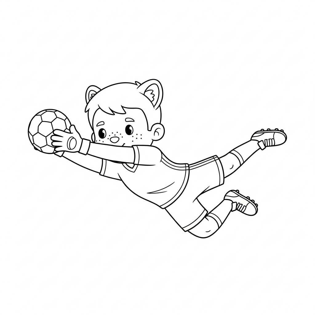 Desenho de jogador de futebol para colorir defendendo com mergulho à esquerda no campo com gols