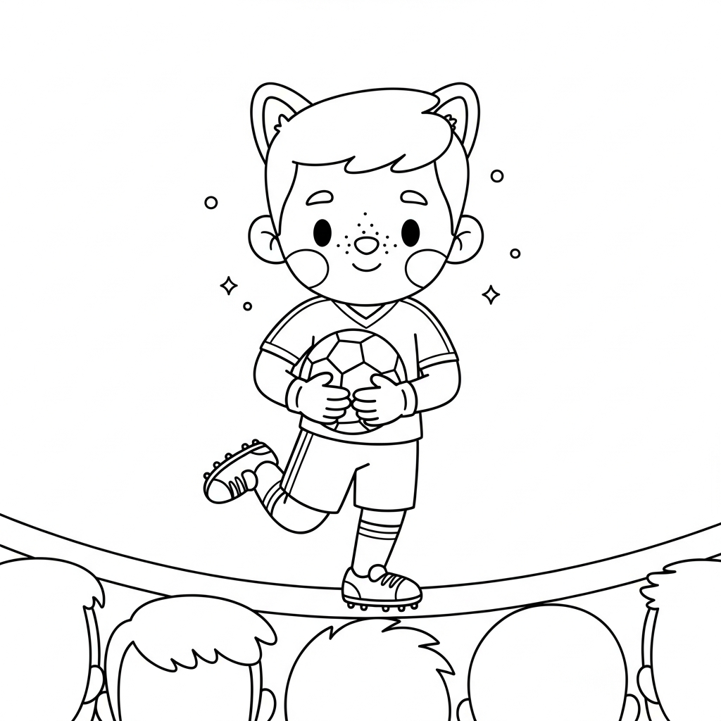 Desenho de jogador de futebol para colorir segurando bola no peito em campo com gols ao fundo