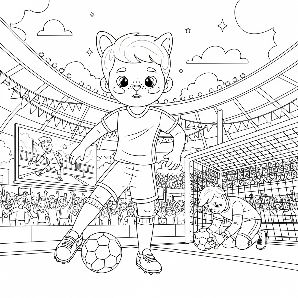 Desenho de jogador de futebol para colorir tirando bola da rede triste na praça com telão.
