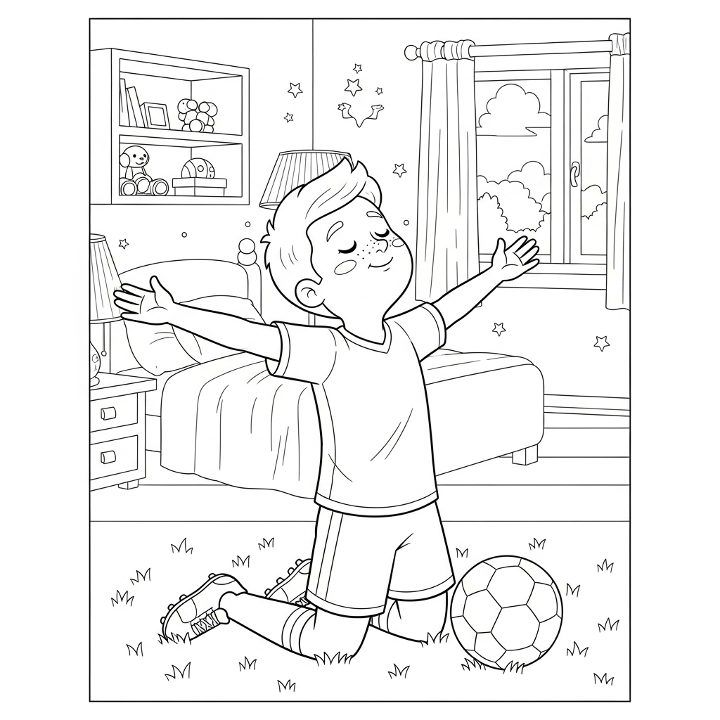 Desenho de jogador de futebol para colorir ajoelhado de braços abertos no quarto com cama e brinquedos.