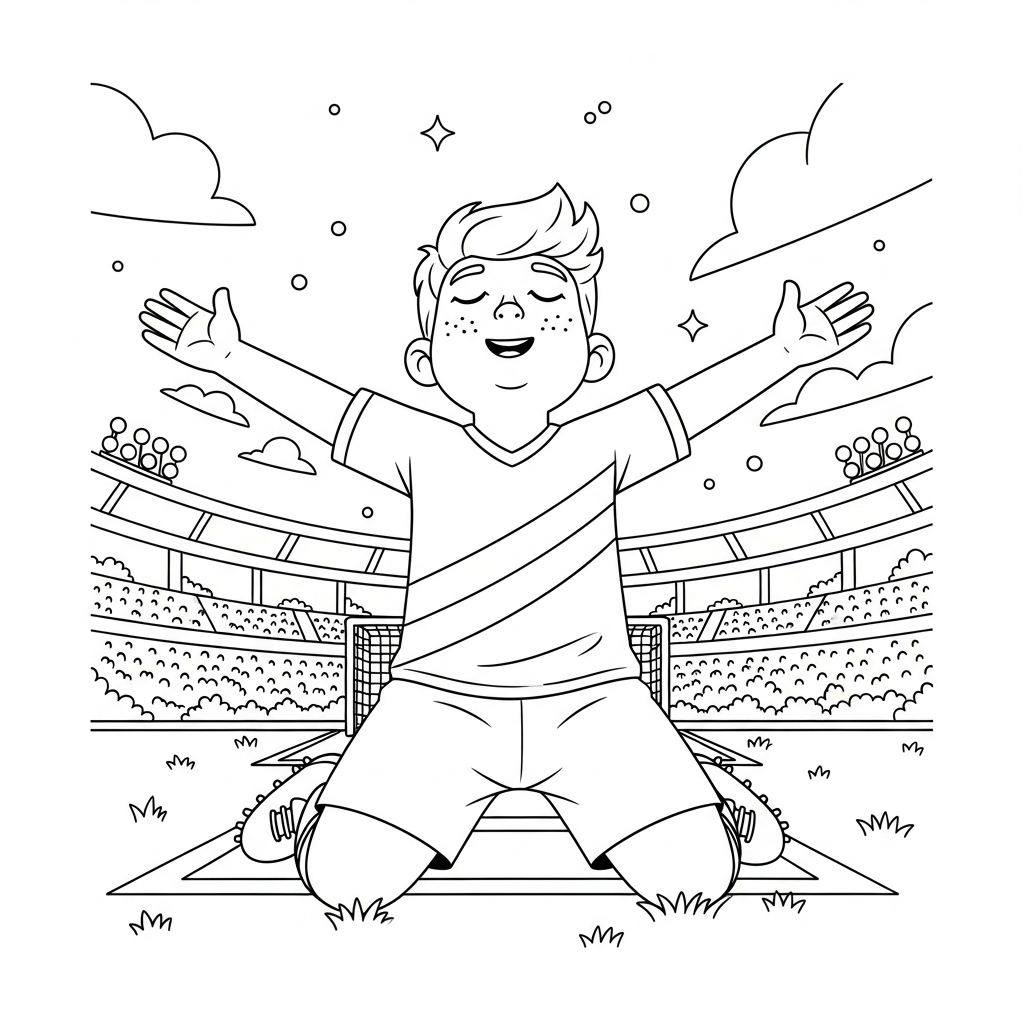 Desenho de jogador de futebol para colorir ajoelhado de braços abertos no campo.