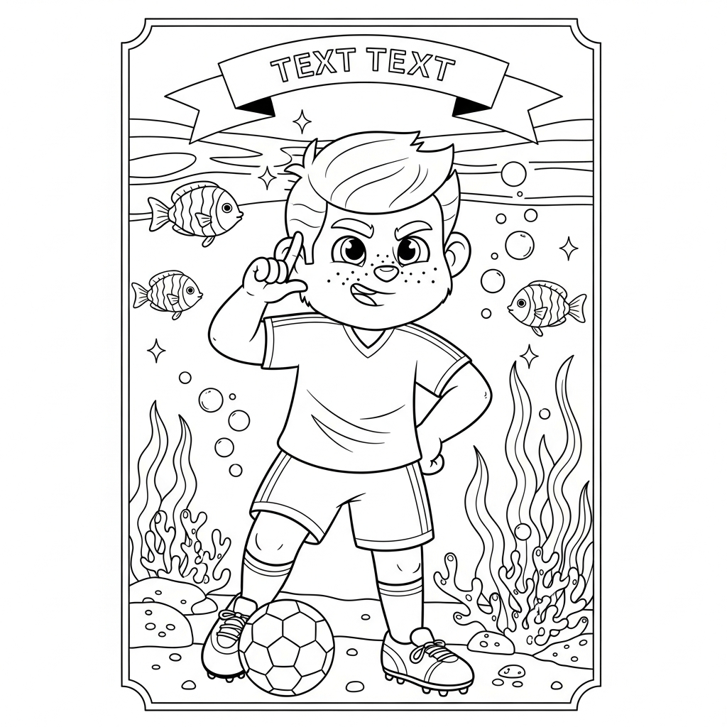 Desenho de jogador de futebol para colorir com mão no ouvido entre peixes e corais