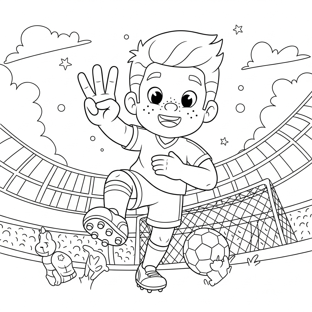 Desenho de jogador de futebol para colorir mostrando três dedos em estádio lotado.