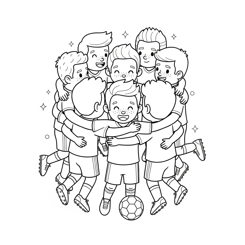 Desenho de jogador de futebol para colorir abraçando colegas no vestiário do time com armários