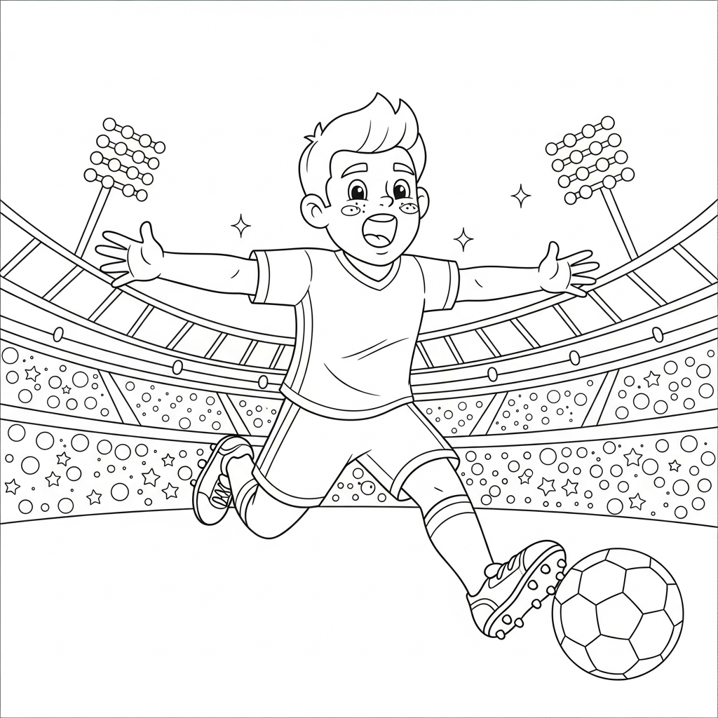 Desenho de jogador de futebol para colorir correndo até a torcida em estádio noturno iluminado