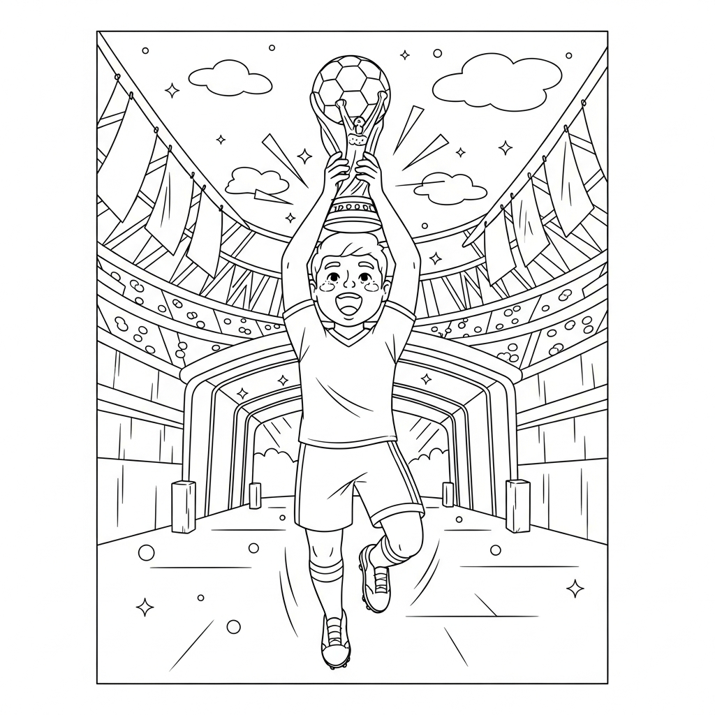 Desenho de jogador de futebol para colorir erguendo troféu no túnel de entrada
