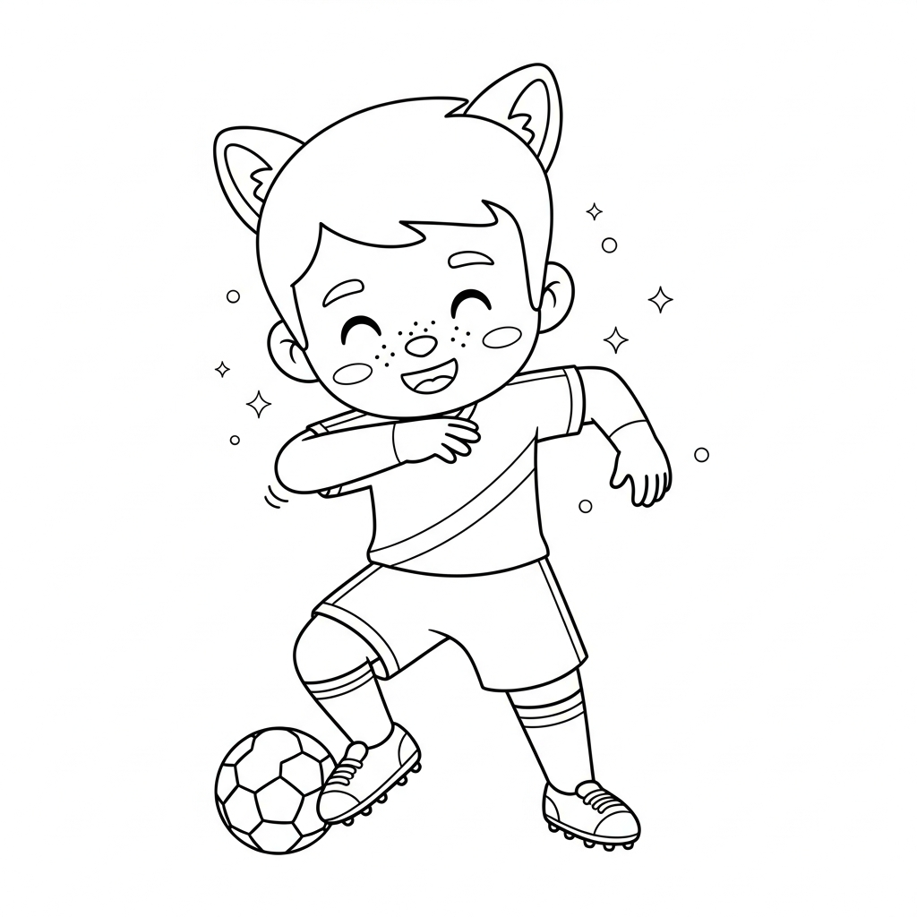Desenho de jogador de futebol para colorir dançando comemorando em paisagem nevada com pinheiros