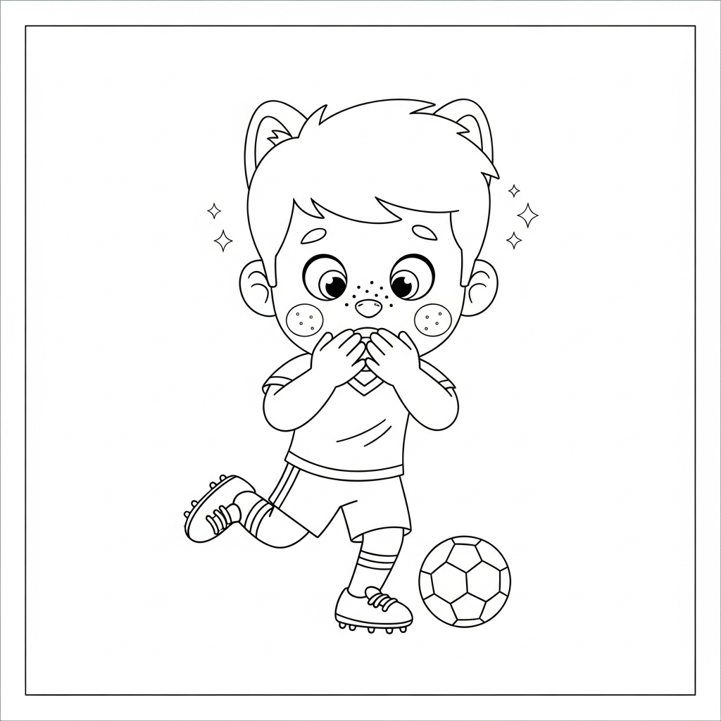 Desenho de jogador de futebol para colorir assistindo nervoso na floresta com cogumelos e borboletas