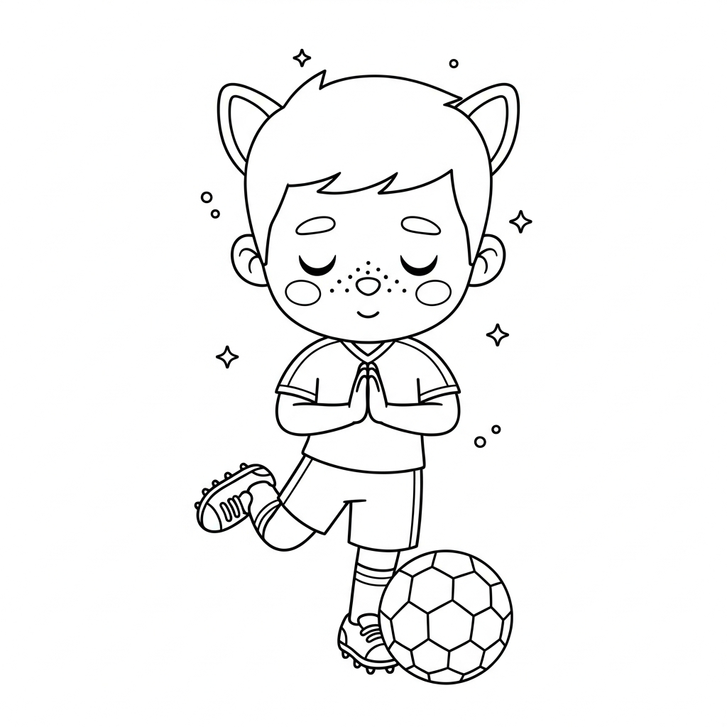 Desenho de jogador de futebol para colorir rezando antes do pênalti na floresta.