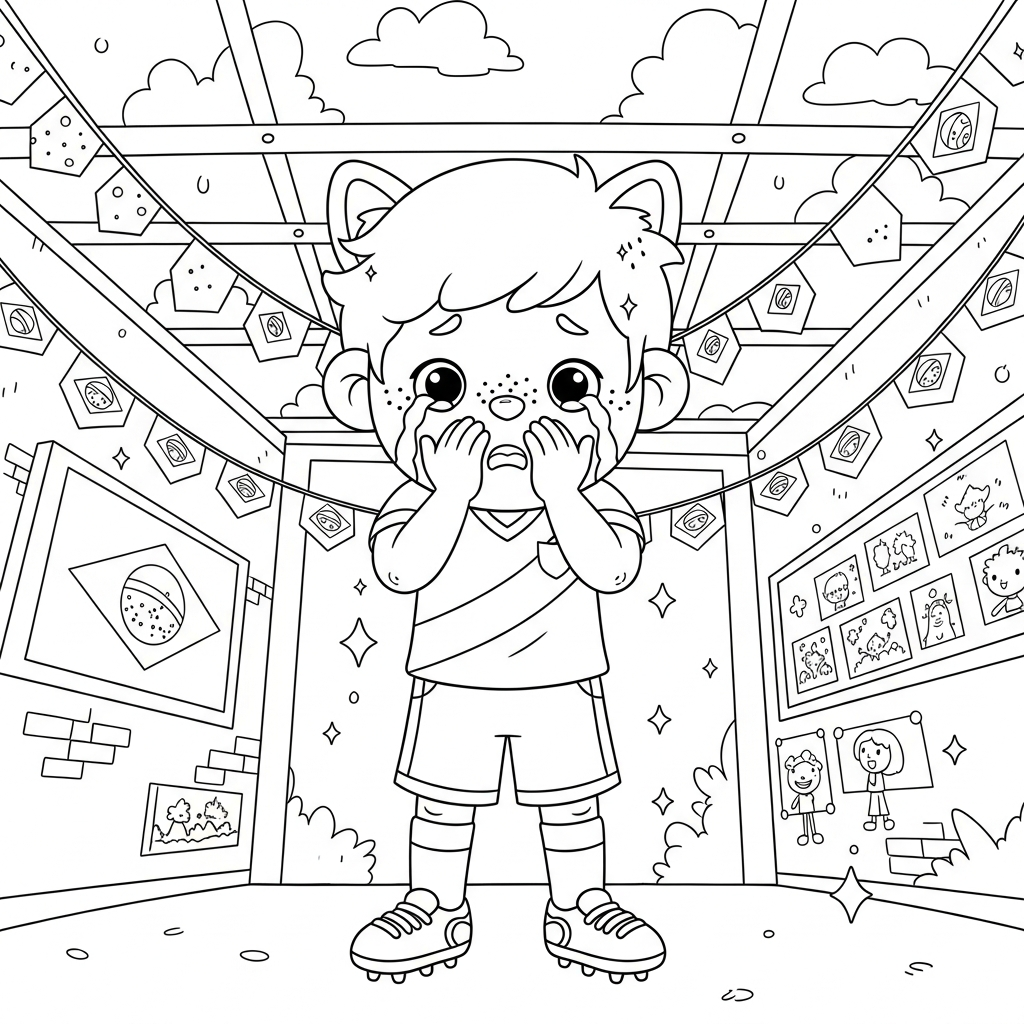 Desenho de jogador de futebol para colorir chorando após derrota na escola decorada com bandeirinhas