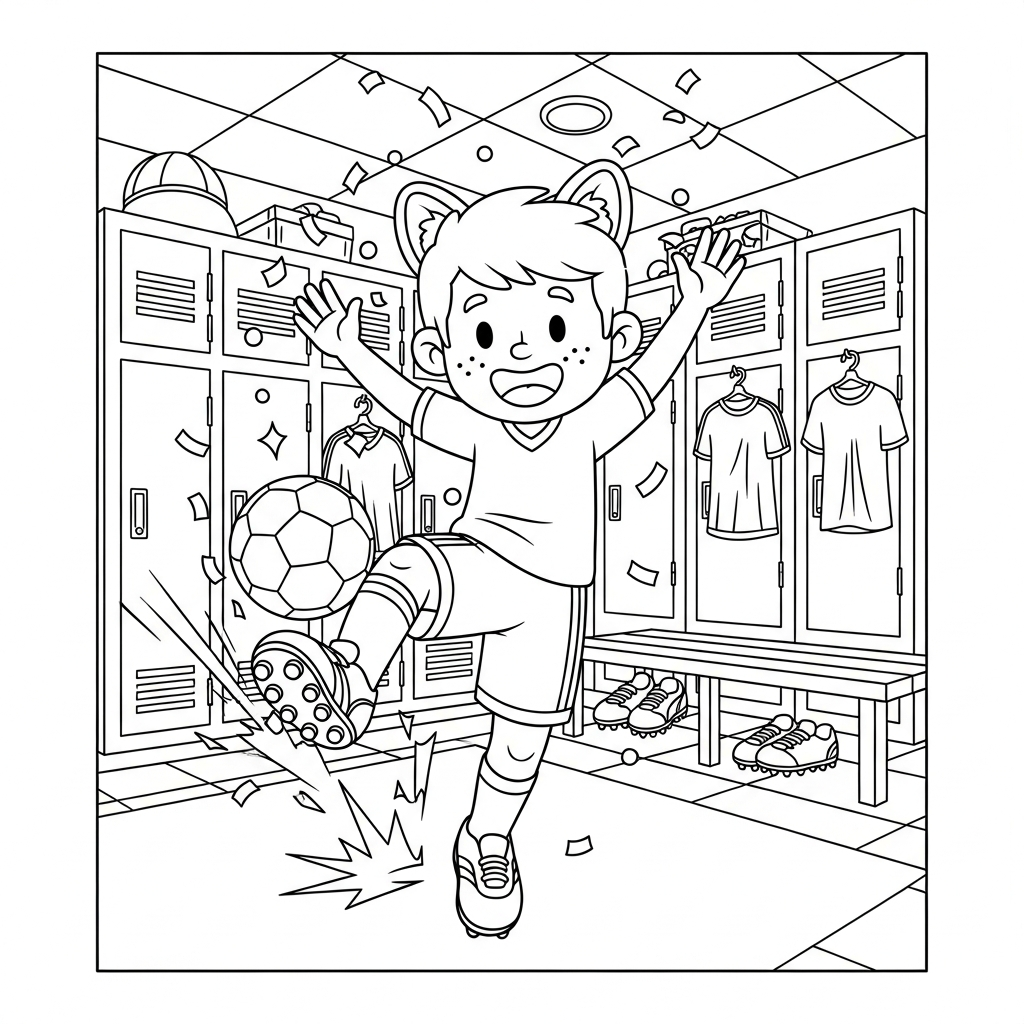 Desenho de jogador de futebol para colorir comemorando título dançando no vestiário com armários.