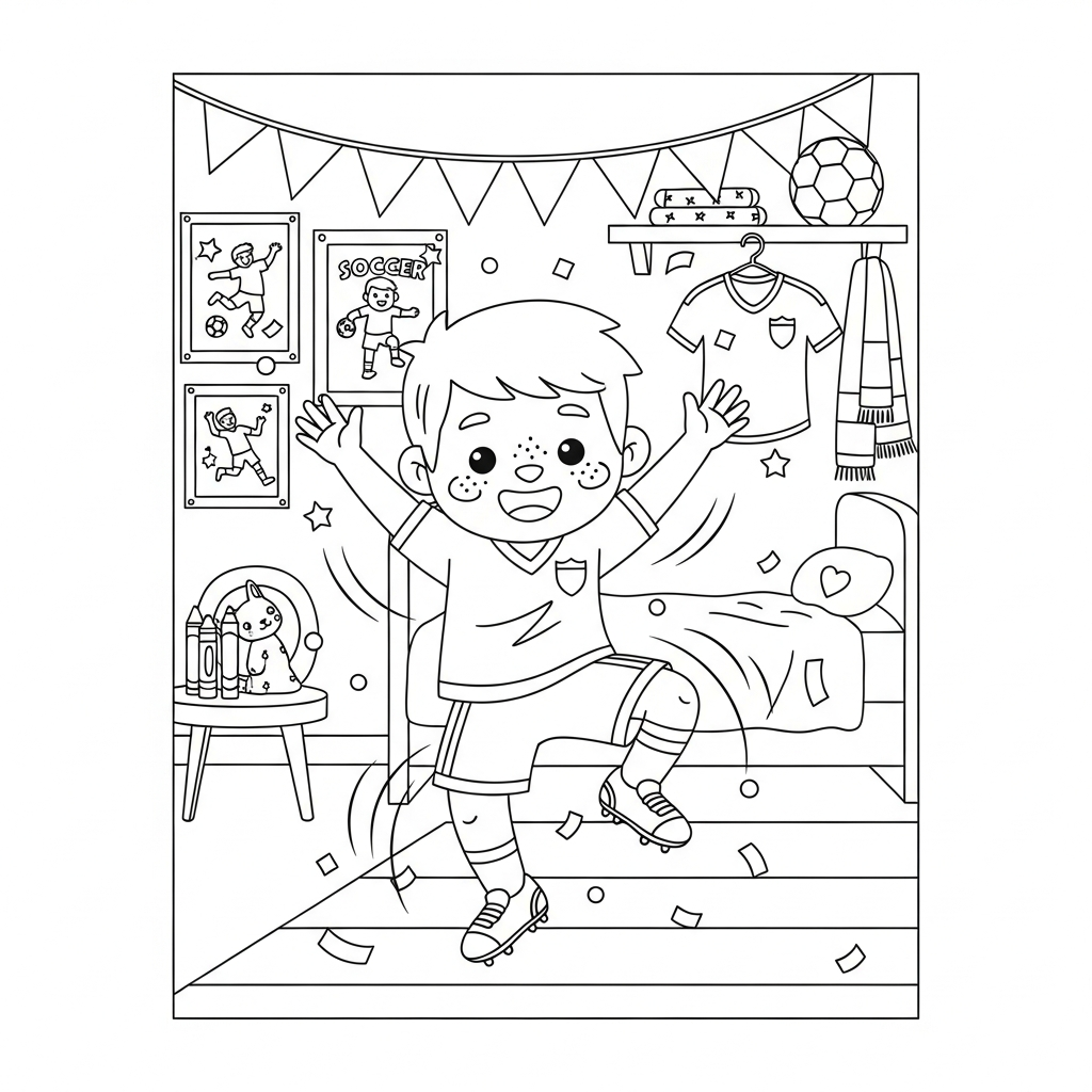 Desenho de jogador de futebol para colorir dançando com troféu em quarto infantil com pôsteres.