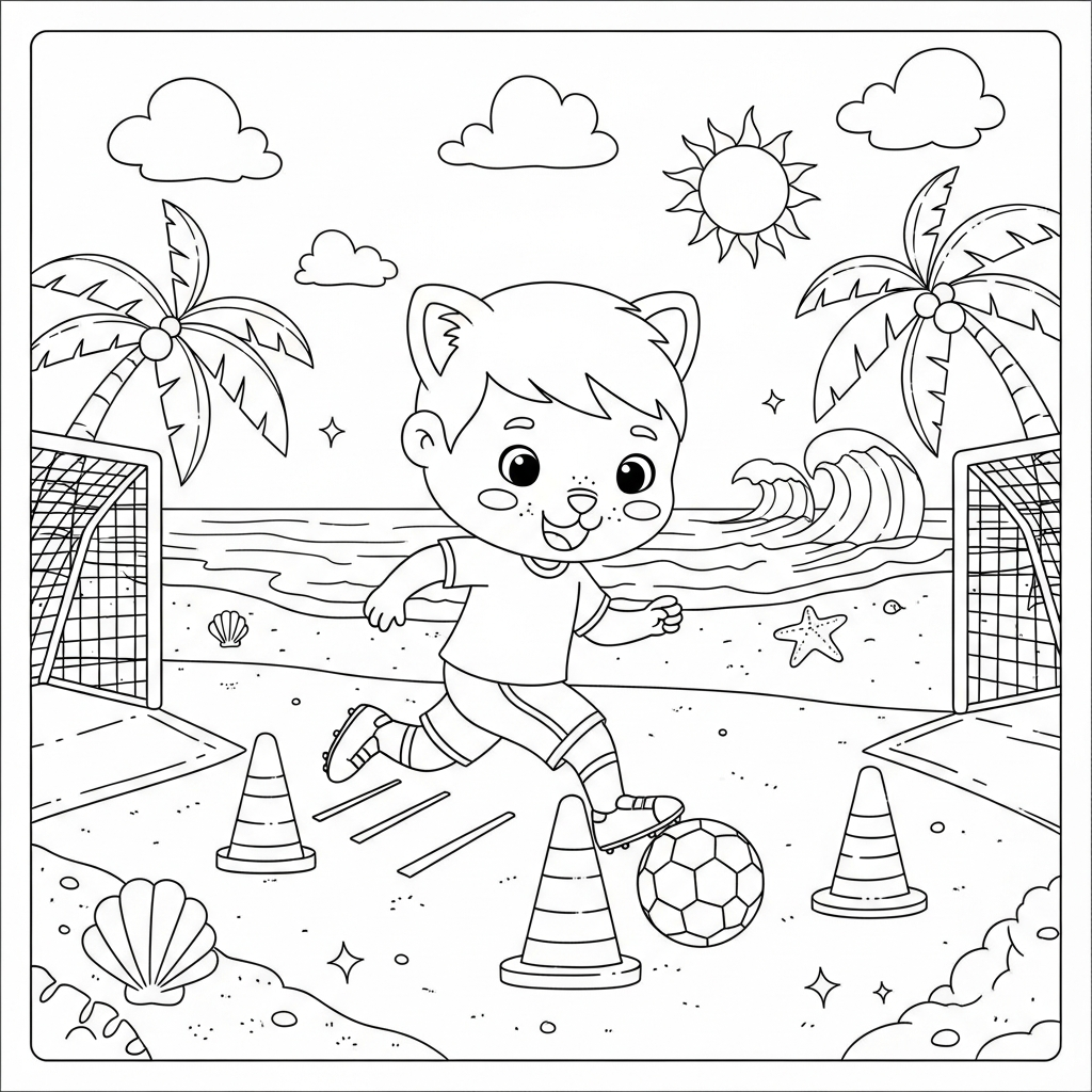 Desenho de jogador de futebol para colorir correndo zigue-zague entre cones na praia com palmeiras