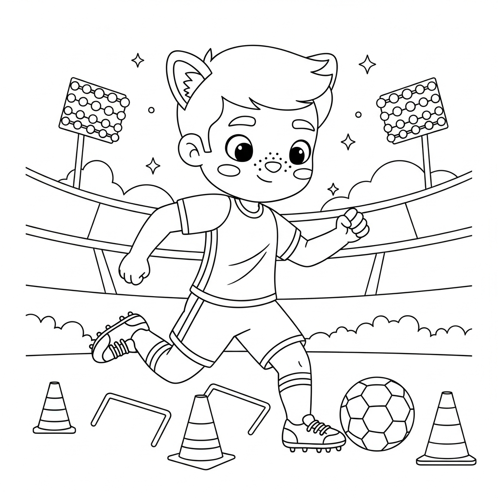 Desenho de jogador de futebol para colorir correndo zigue-zague entre cones em estádio lotado