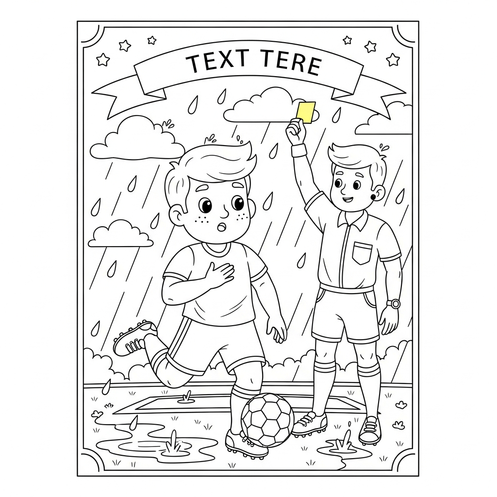 Desenho de jogador de futebol para colorir recebendo cartão amarelo no campo chuvoso com poças.
