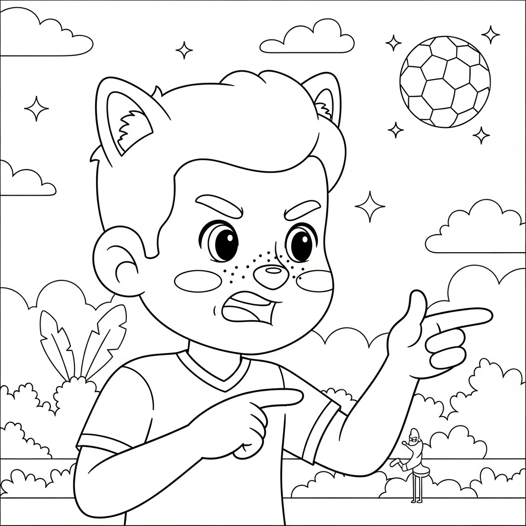 Desenho de jogador de futebol para colorir discutindo com árbitro em estádio lotado.